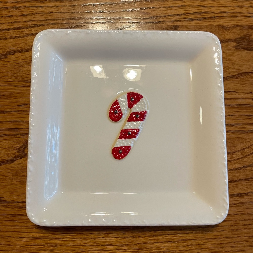 Hallmark Ceramic Cookie Plate Square with Candy Cane Design/Cookie Recipe Back